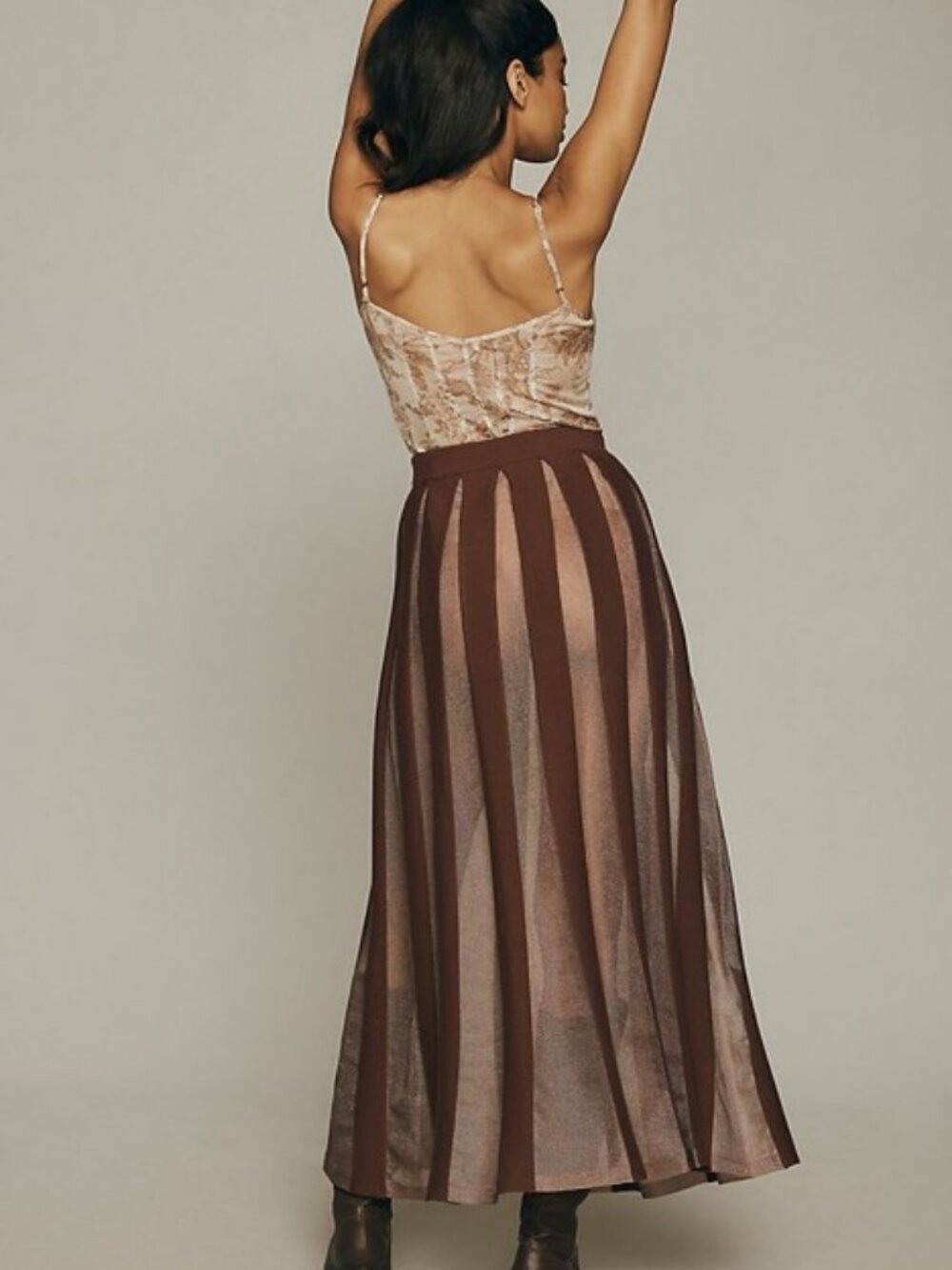 Anthropologie Sheer Pleated Maxi Skirt Brown Stretch S - Picture 4 of 9